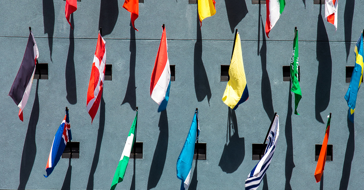 international flags hanging on a wall